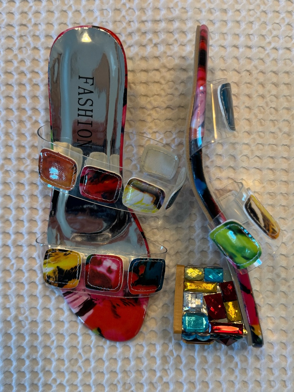 Fashion Clear Strap Multicolor Gem Slide Sandals - Women